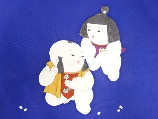 アンティーク　塩瀬　手描き　御所人形模様名古屋帯